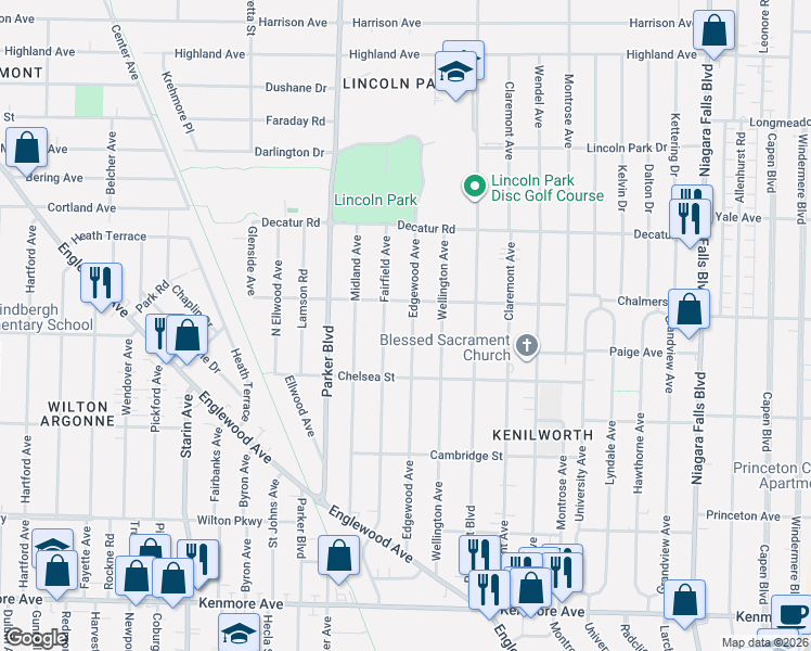 map of restaurants, bars, coffee shops, grocery stores, and more near 277 Fairfield Avenue in Buffalo