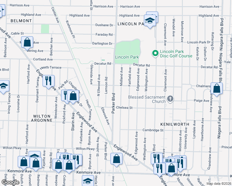 map of restaurants, bars, coffee shops, grocery stores, and more near 1048 Parker Boulevard in Buffalo