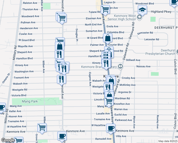 map of restaurants, bars, coffee shops, grocery stores, and more near 107 Tremont Avenue in Kenmore