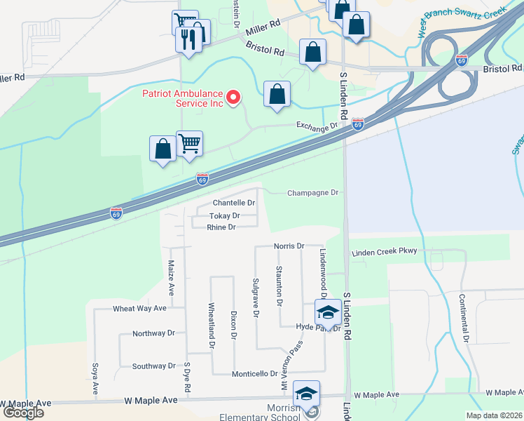 map of restaurants, bars, coffee shops, grocery stores, and more near 4192 South Linden Road in Flint
