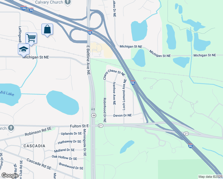 map of restaurants, bars, coffee shops, grocery stores, and more near 155 Ivanhoe Avenue Northeast in Grand Rapids