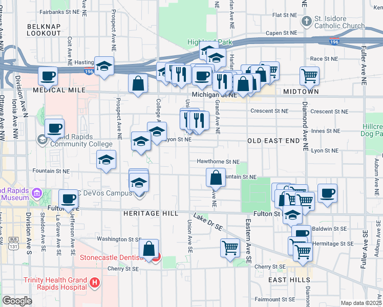 map of restaurants, bars, coffee shops, grocery stores, and more near 127 Union Avenue Southeast in Grand Rapids