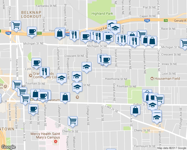map of restaurants, bars, coffee shops, grocery stores, and more near 127 Campbell Place Northeast in Grand Rapids