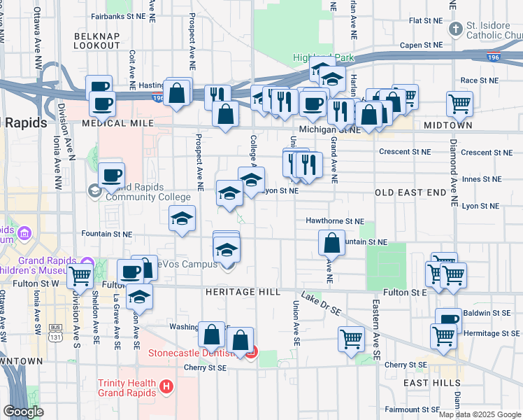 map of restaurants, bars, coffee shops, grocery stores, and more near 127 Campbell Place Northeast in Grand Rapids