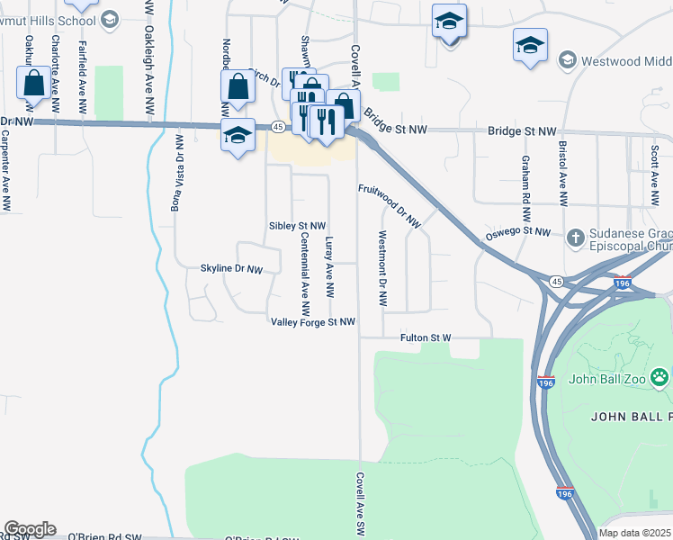 map of restaurants, bars, coffee shops, grocery stores, and more near 101 Covell Avenue Northwest in Grand Rapids