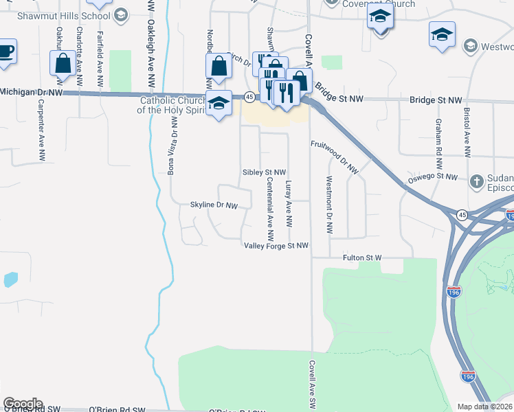 map of restaurants, bars, coffee shops, grocery stores, and more near 2145 Antebellum Court Northwest in Grand Rapids