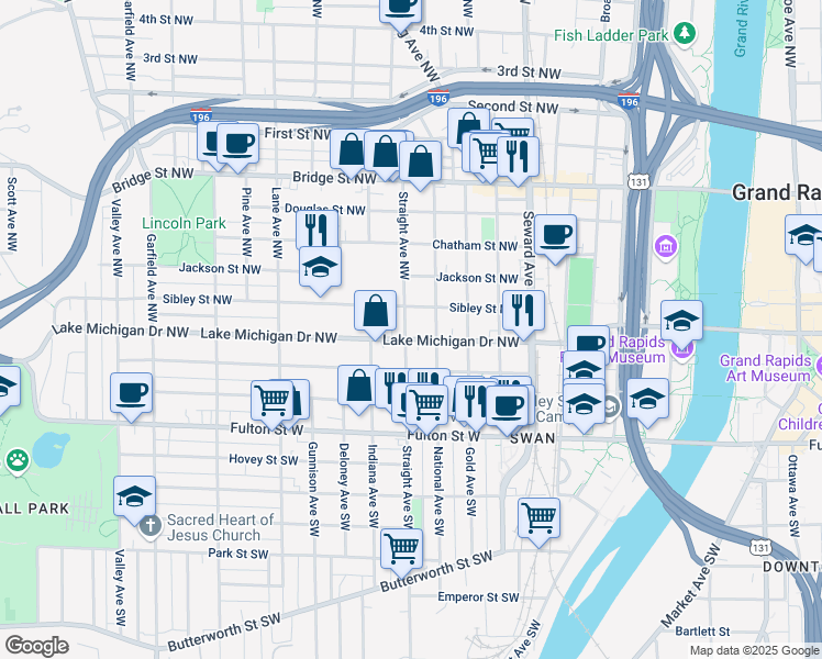 map of restaurants, bars, coffee shops, grocery stores, and more near 138 Straight Avenue Northwest in Grand Rapids