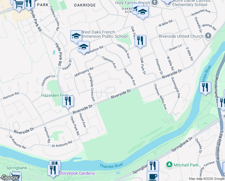 map of restaurants, bars, coffee shops, grocery stores, and more near 327 Everglade Crescent in London