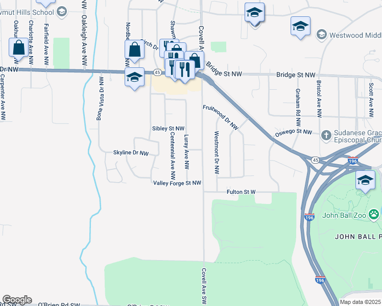 map of restaurants, bars, coffee shops, grocery stores, and more near 101 Covell Avenue Northwest in Grand Rapids