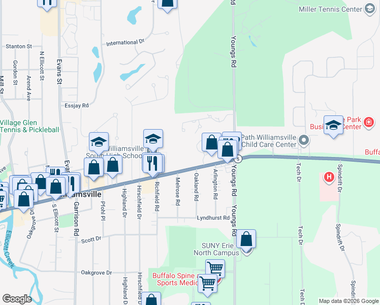 map of restaurants, bars, coffee shops, grocery stores, and more near 6044 Main Street in Williamsville
