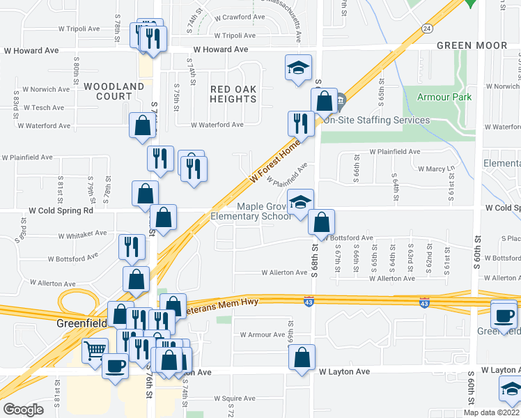 map of restaurants, bars, coffee shops, grocery stores, and more near W Cold Spring Rd & S 71st St in Greenfield