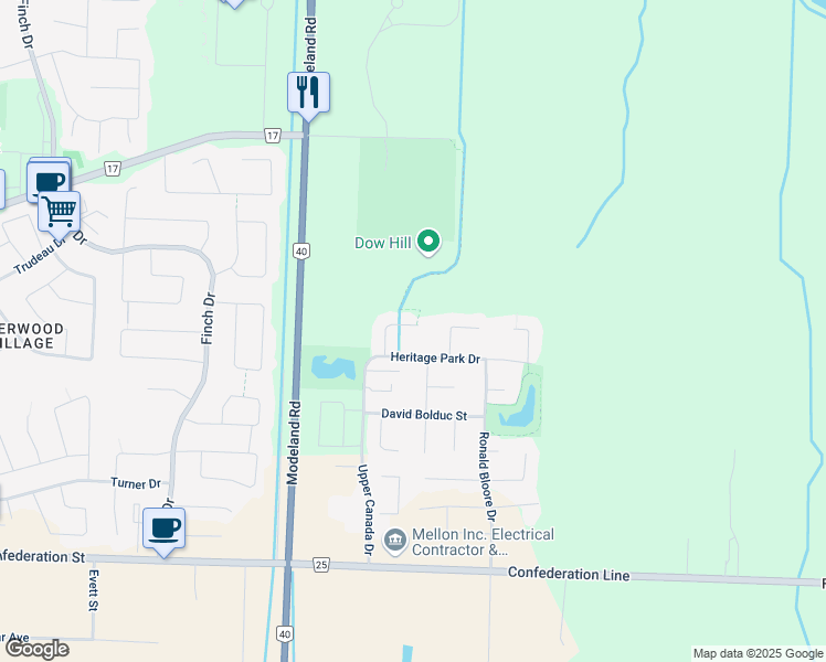 map of restaurants, bars, coffee shops, grocery stores, and more near 42 Michael Snow Court in Sarnia