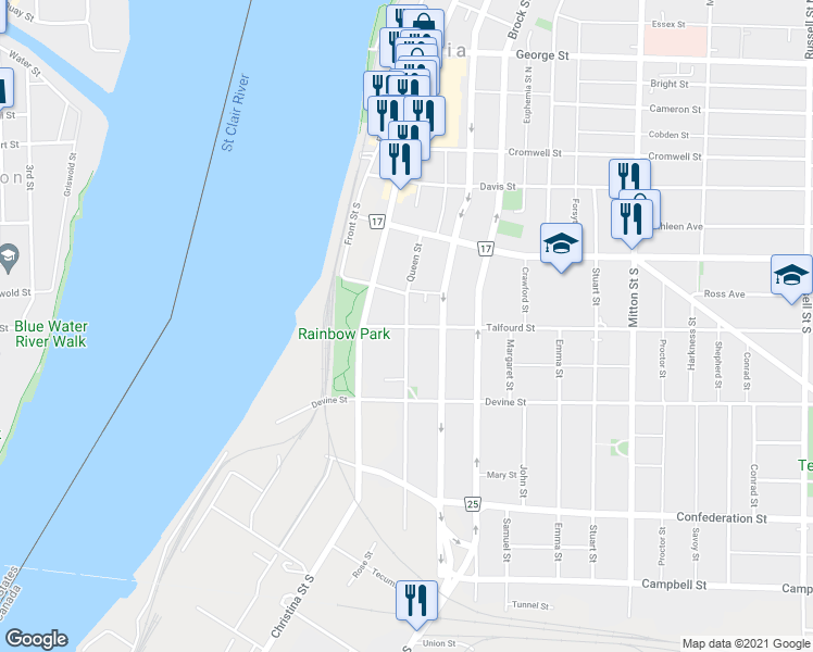 map of restaurants, bars, coffee shops, grocery stores, and more near Talfourd Street & Queen Street in Sarnia