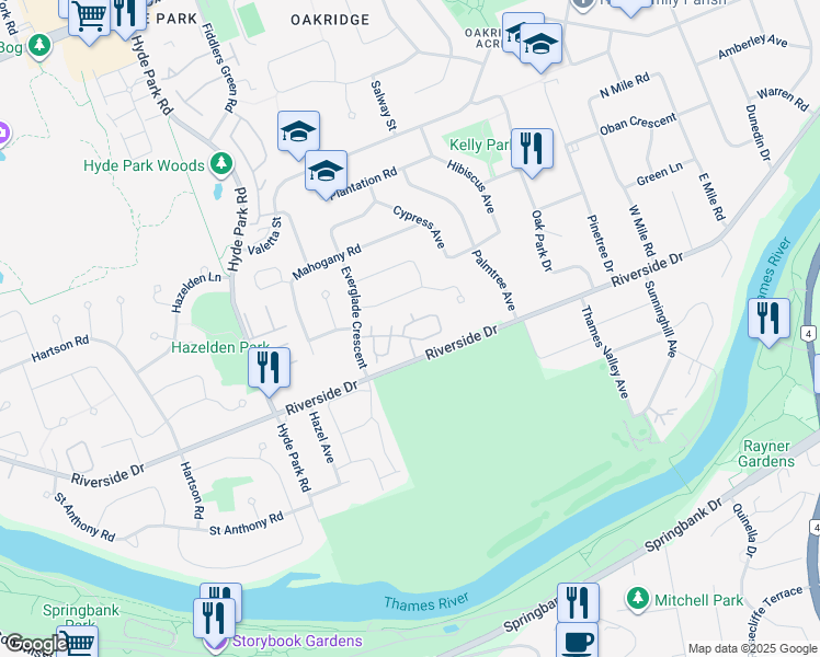map of restaurants, bars, coffee shops, grocery stores, and more near 301 Everglade Crescent in London