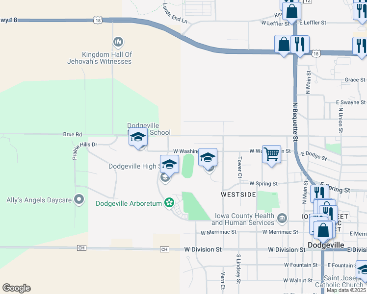map of restaurants, bars, coffee shops, grocery stores, and more near 614 West Washington Street in Dodgeville