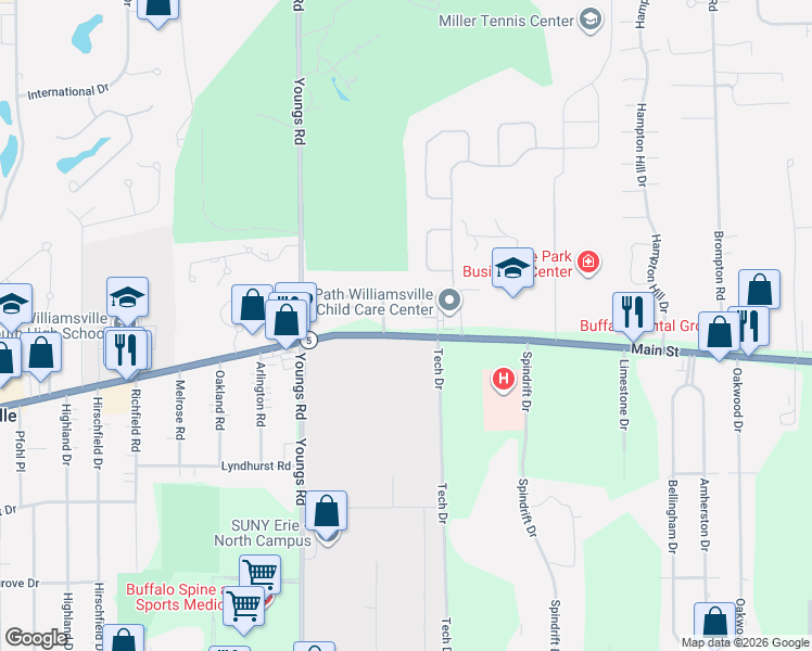 map of restaurants, bars, coffee shops, grocery stores, and more near 6254 Main Street in Williamsville