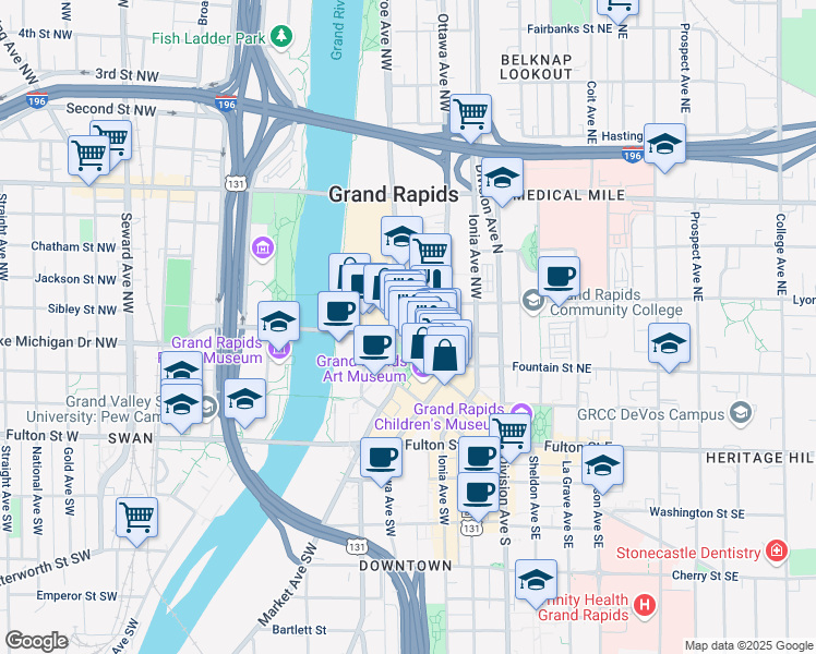 map of restaurants, bars, coffee shops, grocery stores, and more near 100 Monroe Center Street Northwest in Grand Rapids
