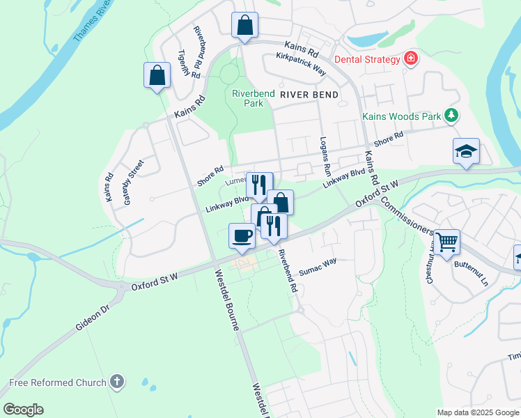 map of restaurants, bars, coffee shops, grocery stores, and more near 1325 Riverbend Road in London