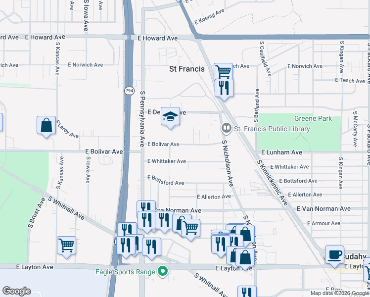 map of restaurants, bars, coffee shops, grocery stores, and more near 2704 East Whittaker Avenue in Saint Francis