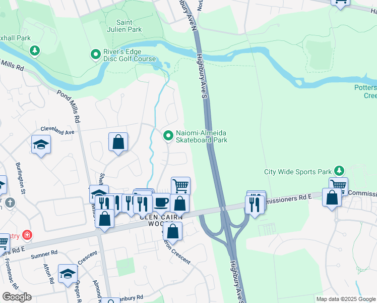 map of restaurants, bars, coffee shops, grocery stores, and more near 18 Phair Crescent in London