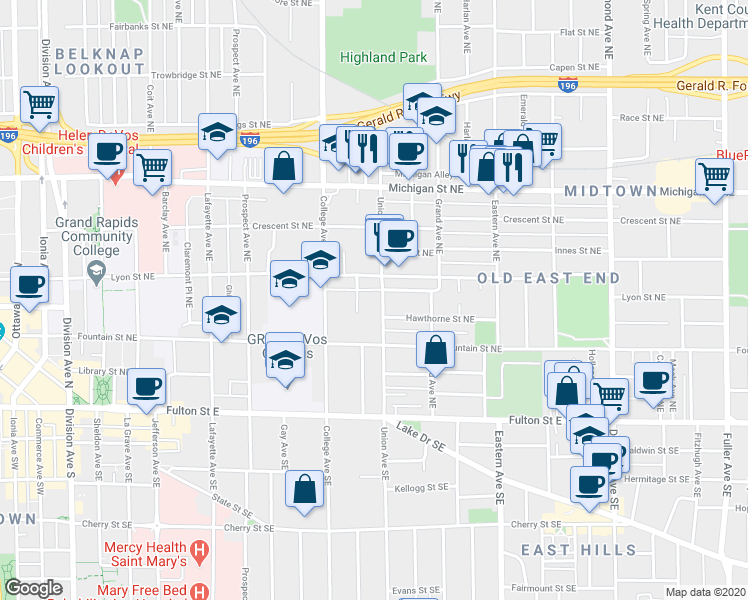 map of restaurants, bars, coffee shops, grocery stores, and more near 127 Union Avenue Southeast in Grand Rapids