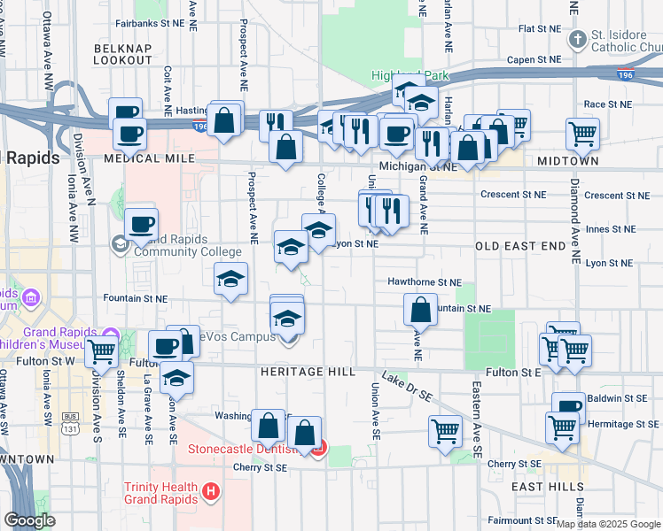 map of restaurants, bars, coffee shops, grocery stores, and more near 127 Campbell Place Northeast in Grand Rapids