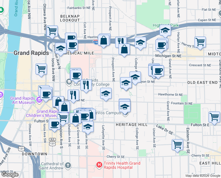 map of restaurants, bars, coffee shops, grocery stores, and more near 117 Prospect Avenue Northeast in Grand Rapids