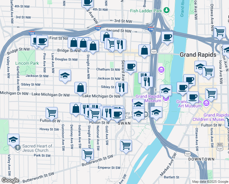 map of restaurants, bars, coffee shops, grocery stores, and more near 648 Lake Michigan Drive Northwest in Grand Rapids