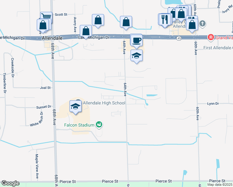 map of restaurants, bars, coffee shops, grocery stores, and more near 6438 Martinie Drive in Allendale Charter Township