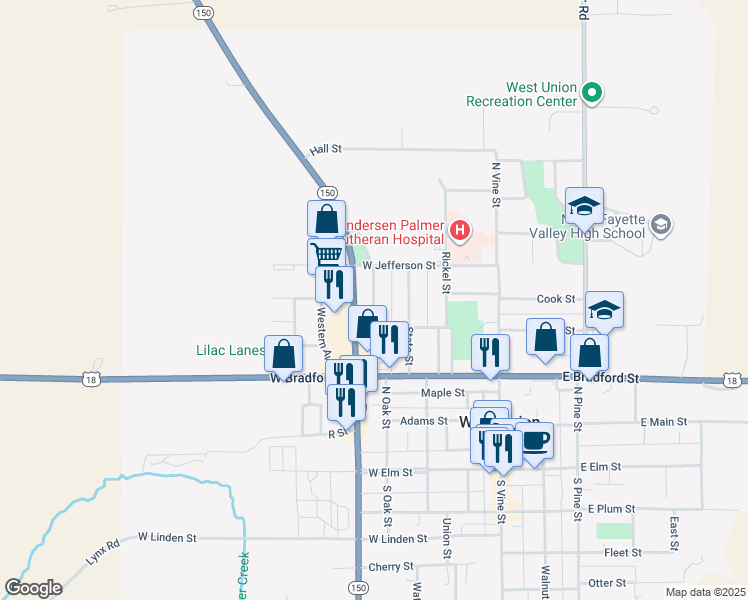 map of restaurants, bars, coffee shops, grocery stores, and more near Auburn Street in West Union