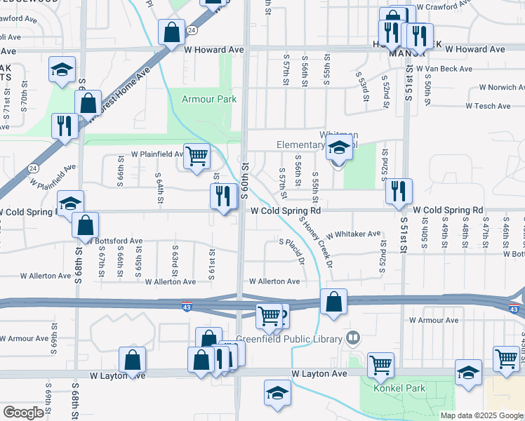 map of restaurants, bars, coffee shops, grocery stores, and more near 5931 West Cold Spring Road in Greenfield