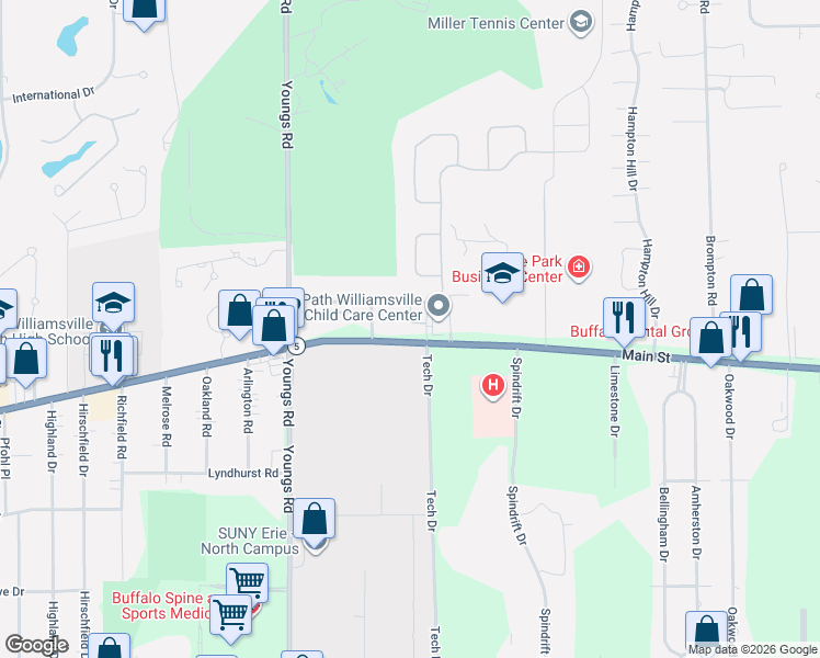 map of restaurants, bars, coffee shops, grocery stores, and more near 6254 Main Street in Williamsville
