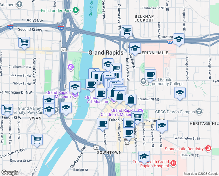 map of restaurants, bars, coffee shops, grocery stores, and more near 139 Pearl Street Northwest in Grand Rapids