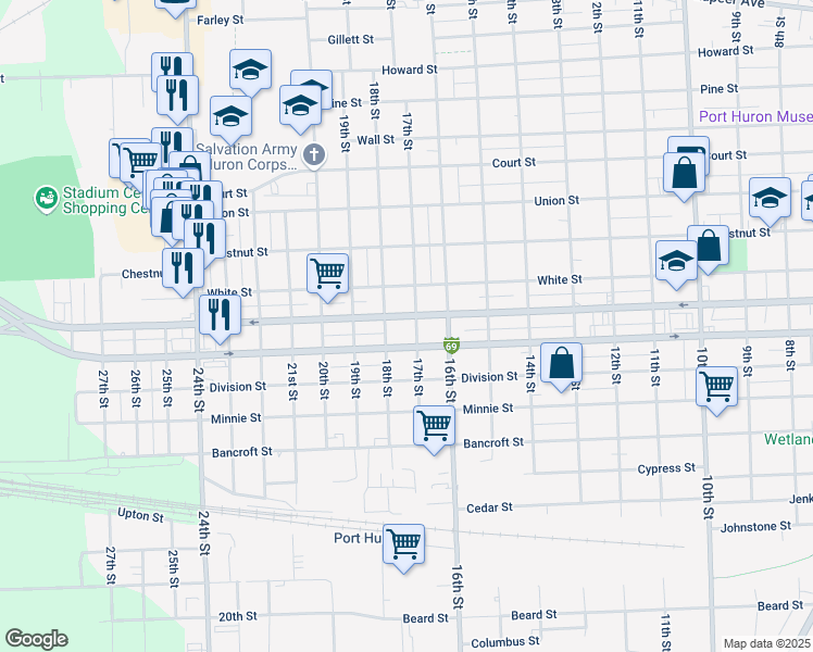 map of restaurants, bars, coffee shops, grocery stores, and more near 1700 18th Street in Port Huron