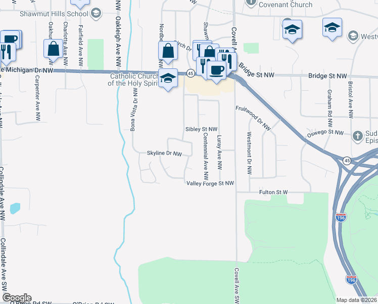 map of restaurants, bars, coffee shops, grocery stores, and more near 2145 Antebellum Court Northwest in Grand Rapids