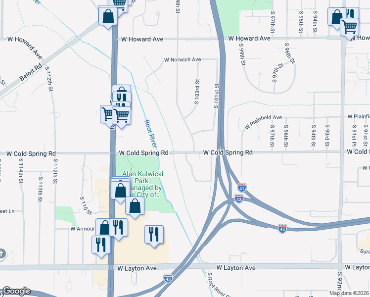 map of restaurants, bars, coffee shops, grocery stores, and more near 10412 West Cold Spring Road in Greenfield