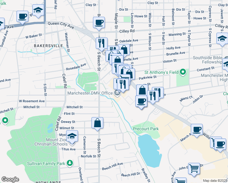 map of restaurants, bars, coffee shops, grocery stores, and more near 40 Enfield Street in Manchester