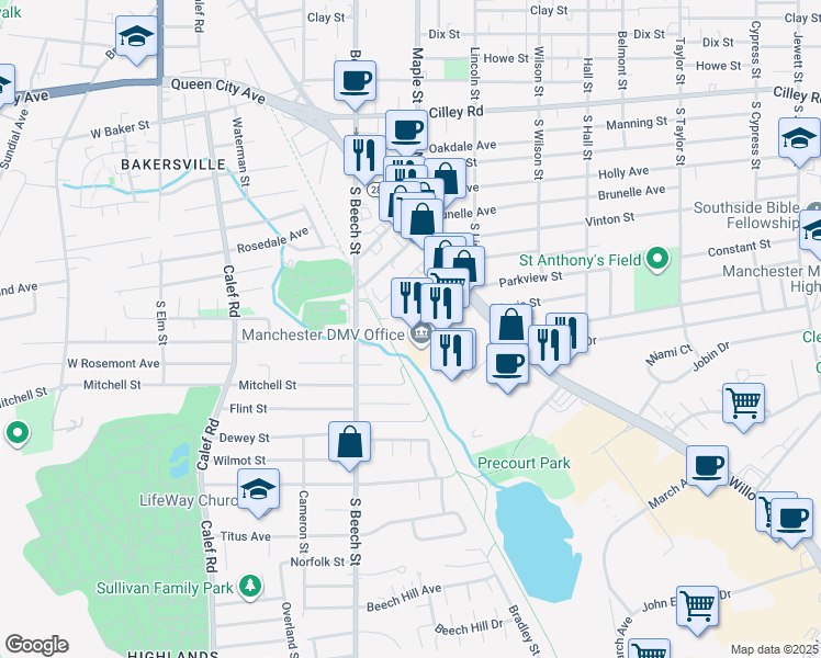 map of restaurants, bars, coffee shops, grocery stores, and more near 40 Enfield Street in Manchester