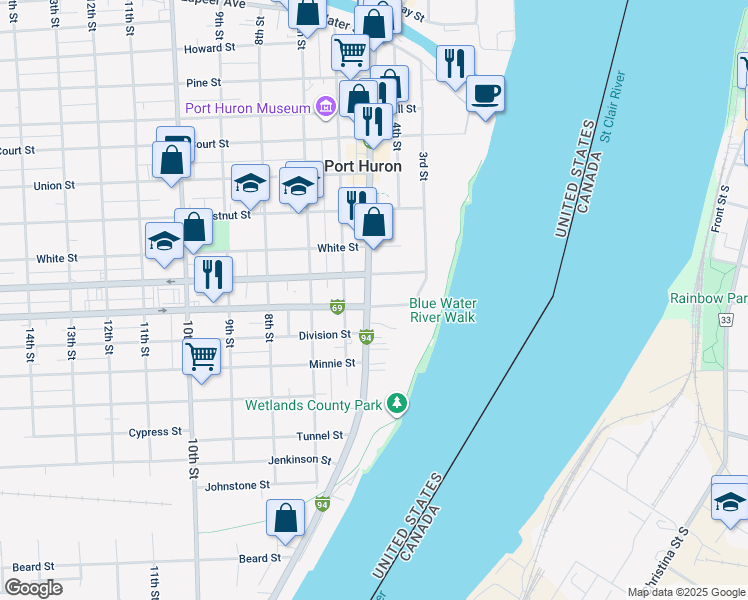 map of restaurants, bars, coffee shops, grocery stores, and more near 1624 Military Street in Port Huron