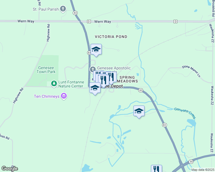 map of restaurants, bars, coffee shops, grocery stores, and more near in Genesee Depot