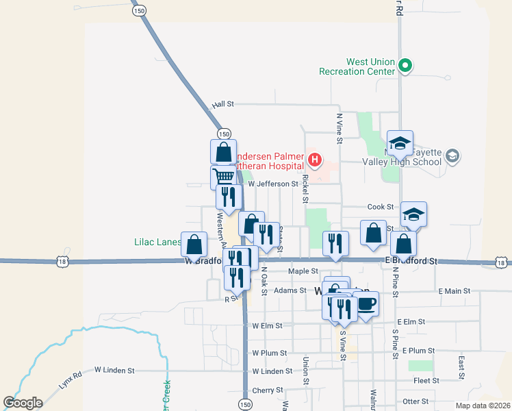 map of restaurants, bars, coffee shops, grocery stores, and more near Auburn Street in West Union