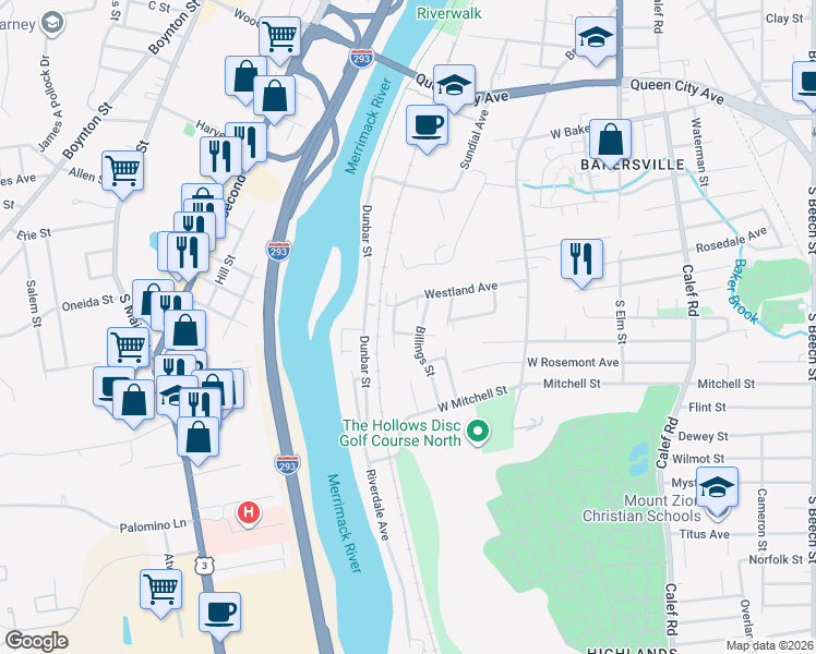 map of restaurants, bars, coffee shops, grocery stores, and more near 115 Wolcott Street in Manchester