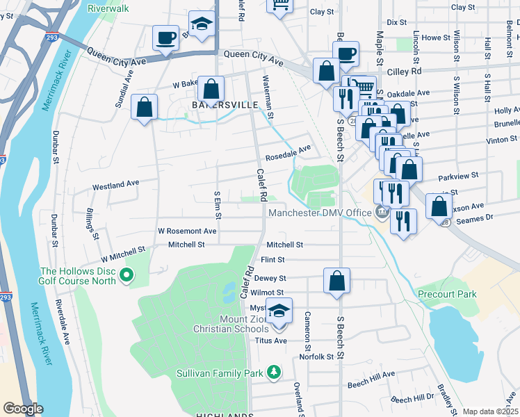 map of restaurants, bars, coffee shops, grocery stores, and more near 369 Calef Road in Manchester