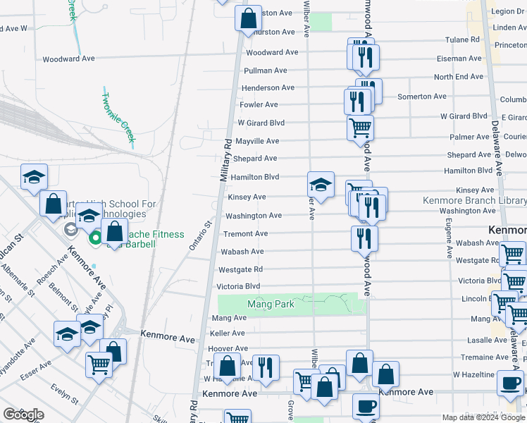 map of restaurants, bars, coffee shops, grocery stores, and more near 381 Tremont Avenue in Kenmore