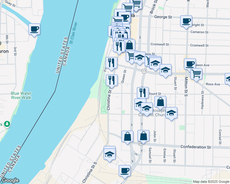map of restaurants, bars, coffee shops, grocery stores, and more near 236 Christina Street South in Sarnia