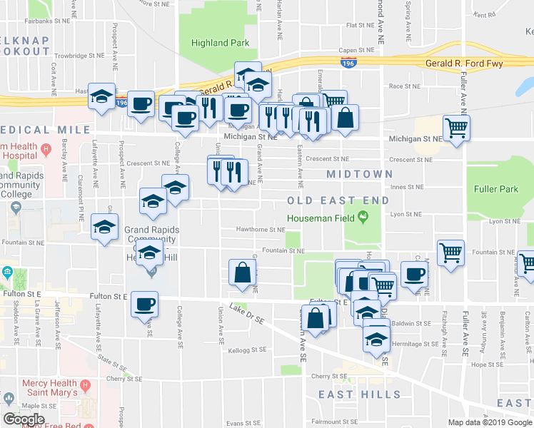 map of restaurants, bars, coffee shops, grocery stores, and more near 720 Hawthorne Street Northeast in Grand Rapids