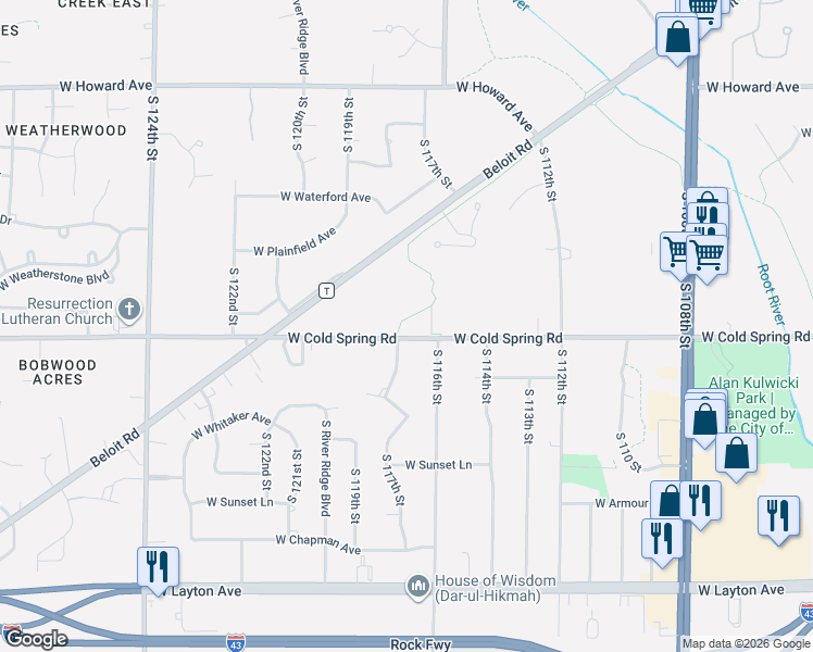 map of restaurants, bars, coffee shops, grocery stores, and more near 11701 West Cold Spring Road in Greenfield