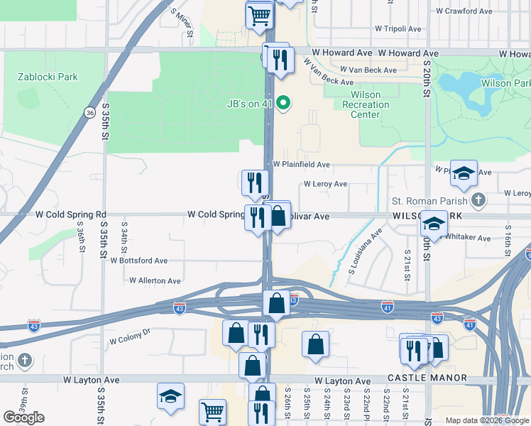 map of restaurants, bars, coffee shops, grocery stores, and more near South 27th Street & West Bolivar Avenue in Milwaukee