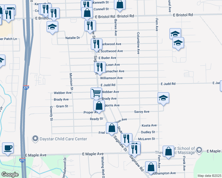 map of restaurants, bars, coffee shops, grocery stores, and more near 2069 Webber Avenue in Burton