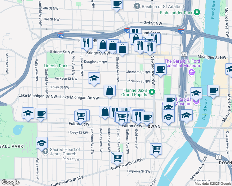 map of restaurants, bars, coffee shops, grocery stores, and more near 149 Straight Avenue Northwest in Grand Rapids